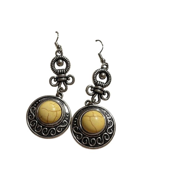 2~Boho Vintage-Style Dangle Earrings Yellow&Blue Stone Accents Silver-Tone Metal - Picture 4 of 9